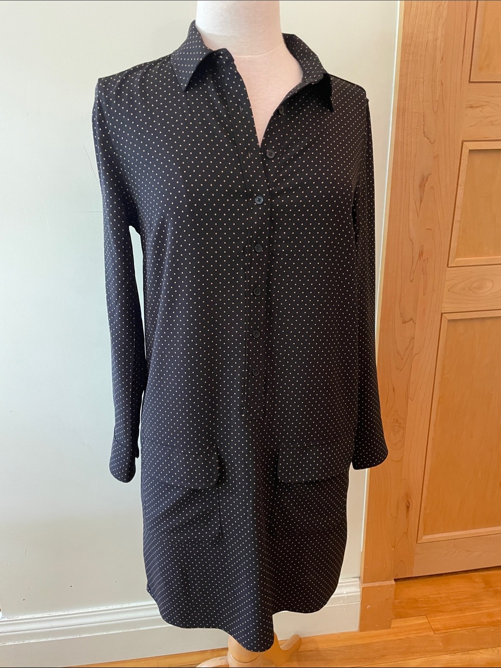 LILA ROSE Black Polka Dot Button-Front Long-Sleeved Tunic Shirt Dress, Size 6